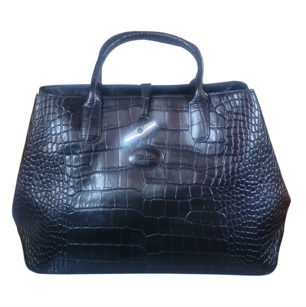 Longchamp Black Croc-Embossed Leather Satchel